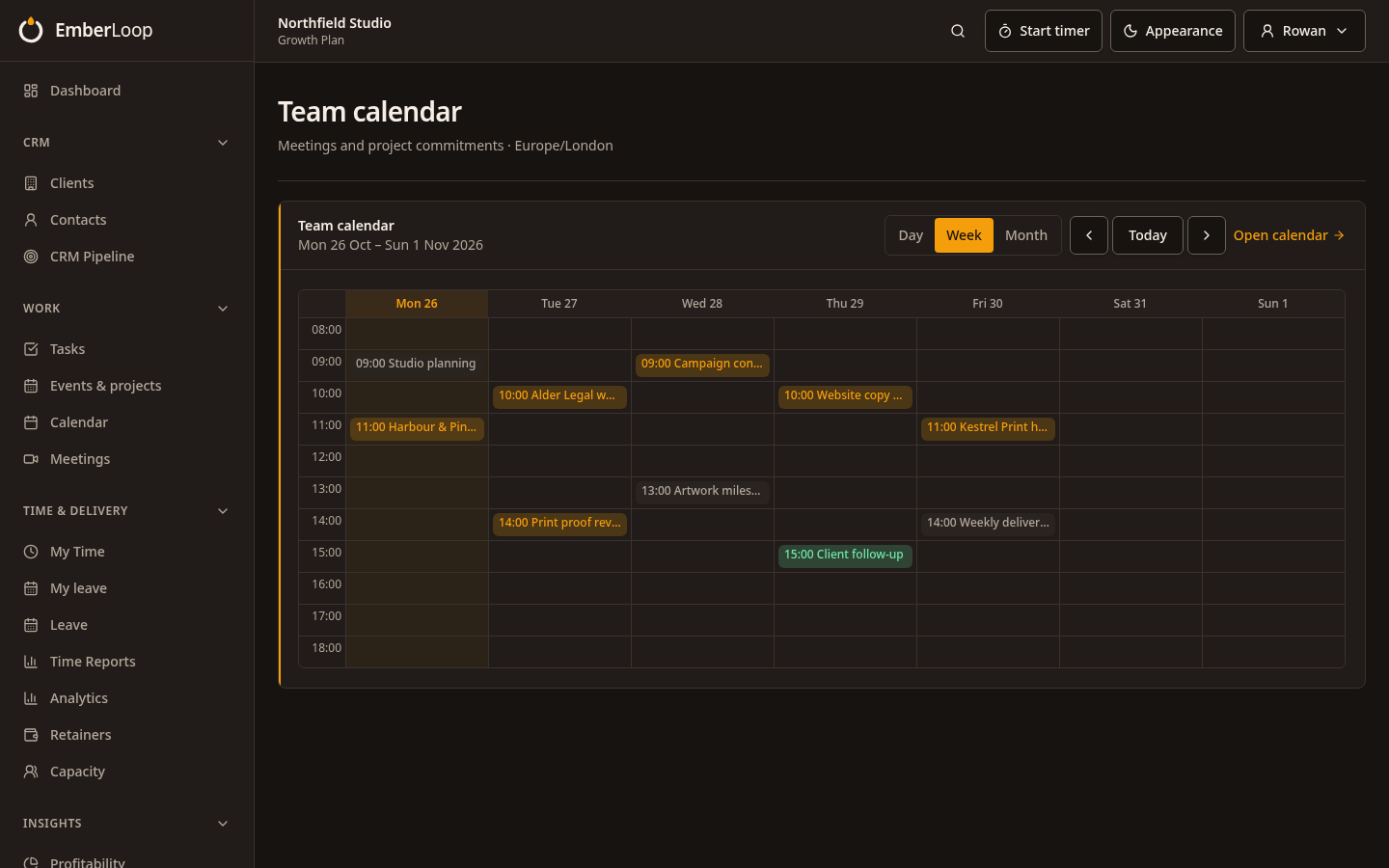 Fictional populated team week calendar with client meetings, events and deadlines (dark theme)