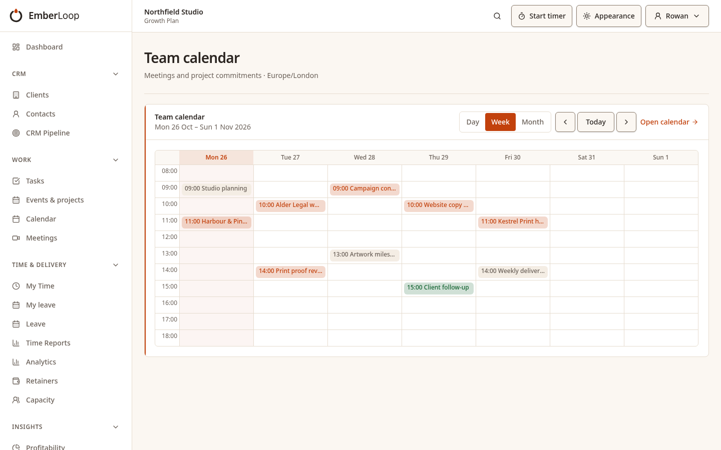 Fictional populated team week calendar with client meetings, events and deadlines (light theme)
