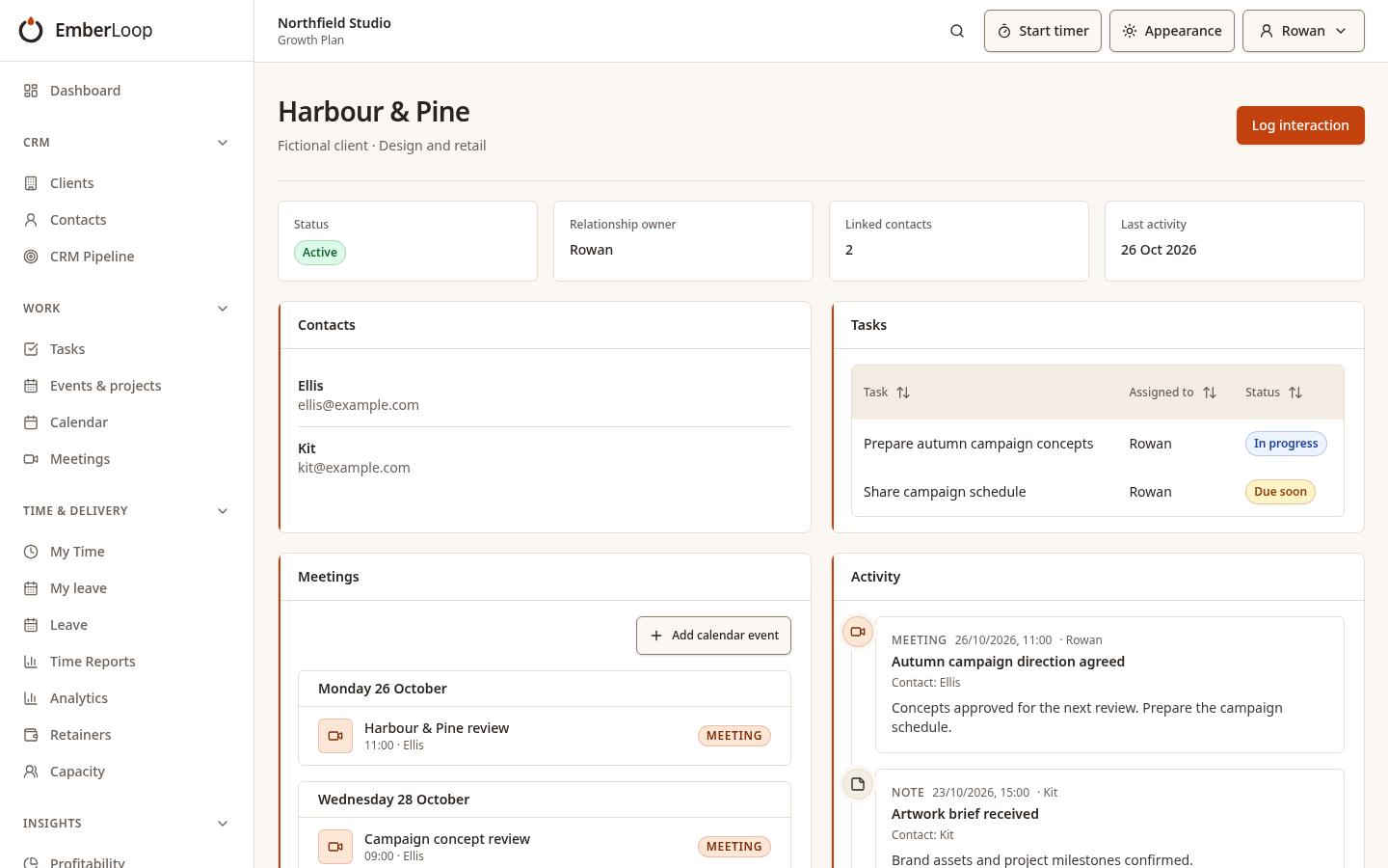 Fictional Northfield Studio client record with contacts, tasks, meetings and activity (light theme)