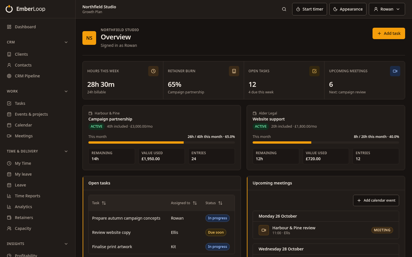 Fictional Ember Loop dashboard showing team commitments, client work and approved time (dark theme)